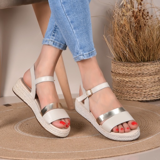Sandale Cuir Couleur Beige-Argent Ref S021 